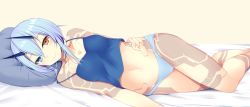 Rule 34 | 1girl, barefoot, bed sheet, blouse, blue eyes, blue hair, blue panties, blue shirt, blush, breasts, closed mouth, commentary request, crop top, full-body tattoo, hair between eyes, hand on own hip, head on pillow, heterochromia, highres, horns, io (pso2), legs together, looking at viewer, lying, navel, no pants, on side, orange eyes, panties, phantasy star, phantasy star online 2, shirt, short hair, simple background, small breasts, smile, solo, spaghetti strap, strap slip, sukage, tattoo, underwear