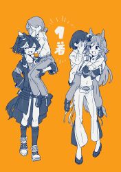 Rule 34 | 4girls, ^ ^, animal ears, arm behind back, carrying, carrying person, choker, closed eyes, coat, covering face, embarrassed, female trainer (umamusume), greyscale with colored background, high heels, highres, horse ears, horse girl, horse tail, jacket, katsuragi ace (umamusume), kneehighs, long hair, long sleeves, midriff, mr. c.b. (umamusume), multiple girls, navel, open clothes, open coat, open jacket, open mouth, orange background, pants, piggyback, ponytail, shirt, shirt tucked in, shoes, short hair, simple background, smile, sneakers, socks, strapless, strapless shirt, tail, trainer (umamusume), umamusume, yuzutomugi