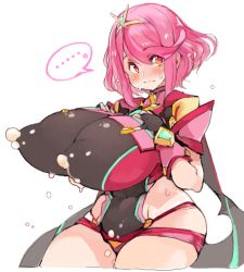 Rule 34 | ..., 1girl, blush, bob cut, breasts, covered erect nipples, curvy, embarrassed, fingerless gloves, gloves, hair ornament, hip vent, huge areolae, huge breasts, lactation, lactation through clothes, leotard, looking at viewer, nintendo, pink hair, puffy areolae, pyra (xenoblade), sachito, short hair, sidelocks, solo, sweat, thick thighs, thighs, wide hips, xenoblade chronicles (series), xenoblade chronicles 2, yellow eyes