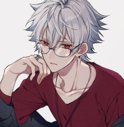 Rule 34 | 1boy, asahi nayuta, bespectacled, collarbone, from argonavis, glasses, hand on own face, hand rest, jewelry, male focus, mizukikushou, red eyes, red shirt, ring, shirt, simple background, solo, white background, white hair