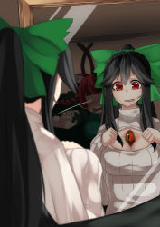 Rule 34 | 2girls, absurdres, ambush, black wings, blurry, blush, bow, braid, breasts, cleavage, depth of field, dress, drooling, eyeball, from behind, green dress, hair bow, hands on own chest, highres, indoors, kaenbyou rin, large breasts, long hair, looking at another, looking at mirror, luonawei, meme attire, mirror, multiple girls, multiple tails, open-chest sweater, open mouth, ponytail, rape face, red eyes, red hair, reflection, reiuji utsuho, ribbed sweater, room, shaded face, skindentation, smile, surprised, sweatdrop, sweater, tail, third eye, tongue, tongue out, touhou, turtleneck, two tails, una8a6ke, wings, worried, you gonna get raped