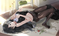 Rule 34 | 1girl, bare arms, black eyes, black hair, black shirt, black skirt, breasts, brown pantyhose, commentary request, flower, hands on own chest, highres, indoors, long hair, looking at viewer, lying, macciatto (aciel02), medium breasts, miniskirt, navel, no shoes, on back, on floor, original, panties, panties under pantyhose, pantyhose, shirt, skirt, skirt around one leg, smile, solo, stomach, thighband pantyhose, underwear, vase, very long hair, wet, wet clothes