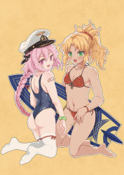 Rule 34 | 1boy, 1girl, :d, :o, absurdres, armpits, ass, astolfo (fate), astolfo (femboy idol) (fate), bad id, bad pixiv id, bandaid, bandaid on arm, bangle, bare arms, bare legs, bare shoulders, barefoot, bikini, black bow, blonde hair, blue one-piece swimsuit, blush, bow, bracelet, braid, breasts, casual one-piece swimsuit, cleavage, collarbone, commentary request, crown braid, fang, fate/apocrypha, fate/grand order, fate (series), from behind, front-tie bikini top, front-tie top, full body, green eyes, groin, hair between eyes, hair bow, hair ornament, hair scrunchie, hat, high ponytail, highres, holding, holding surfboard, jewelry, kneeling, looking at viewer, looking back, mordred (fate), mordred (fate) (all), mordred (fate/apocrypha), mordred (swimsuit rider) (fate), mordred (swimsuit rider) (first ascension) (fate), navel, official alternate costume, one-piece swimsuit, open mouth, outline, parted bangs, peaked cap, pink hair, purple eyes, red bikini, red ribbon, red scrunchie, ribbon, ribbon-trimmed legwear, ribbon trim, scrunchie, short hair, short ponytail, shoulder blades, side-tie bikini bottom, sideboob, sidelocks, simple background, single braid, small breasts, smile, string bikini, surfboard, sweatdrop, swimsuit, tan, thick eyebrows, thighhighs, trap, wavy hair, white hat, white outline, white thighhighs, yellow background, yu deng