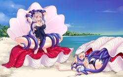 Rule 34 | 2girls, absurdres, angry, ass, beach, blonde hair, blush, breasts, breasts squeezed together, clam, clenched teeth, cucouroux (granblue fantasy), granblue fantasy, hat, highres, kumuyu, large breasts, legs, monster, multiple girls, ribbon, sand, silver hair, spread legs, squatting, striped, swimsuit, teeth, tentacles, tentacles under clothes, tesomu, tongue, transparent, twintails, vore, water