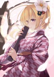 Rule 34 | 1girl, absurdres, ahoge, alternate hairstyle, between breasts, blonde hair, blurry, branch, breasts, case, cherry blossoms, commentary request, depth of field, falling petals, fingernails, flower, from side, glowing, glowing petals, graduation, hair blowing, hair flower, hair ornament, hakama, hakama skirt, hakoniwa-boxer, highres, japanese clothes, kimono, lena liechtenauer, lips, long hair, looking at viewer, obi, petals, purple eyes, sash, senren banka, skirt, smile, solo, tree, upper body, wide sleeves, yagasuri, yuzu-soft