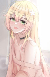 Rule 34 | 1girl, :d, absurdres, blonde hair, blush, breasts, choker, cleavage, fang, flower, gradient hair, green eyes, hair between eyes, hair flower, hair ornament, highres, hololive, long hair, looking at viewer, mofu07519, momosuzu nene, multicolored hair, open mouth, pajamas, pink hair, smile, solo, tears, virtual youtuber