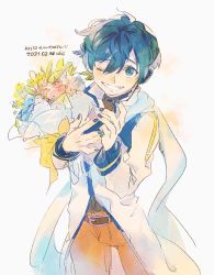 Rule 34 | 1boy, 8&#039;108, anniversary, belt, black shirt, blue eyes, blue hair, blue nails, bouquet, brown pants, character name, coat, commentary, cowboy shot, dated, flower, grin, headset, holding, holding bouquet, kaito (vocaloid), looking at viewer, male focus, nail polish, pants, shirt, smile, standing, vocaloid, white background, white coat
