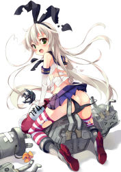 Rule 34 | 10s, 1girl, ass, bare shoulders, black panties, blonde hair, blush, butt crack, elbow gloves, from behind, gloves, green eyes, hair ornament, hair ribbon, hairband, highres, kantai collection, long hair, looking at viewer, looking back, mayusaki yuu, open mouth, panties, panty pull, personification, rensouhou-chan, ribbon, sailor collar, shimakaze (kancolle), sitting, skirt, solo, straddling, striped clothes, striped thighhighs, tearing clothes, thighhighs, torn clothes, underwear, white gloves