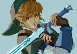 Rule 34 | 1boy, armor, blonde hair, blue eyes, brown gloves, chainmail, earrings, fingerless gloves, gloves, green headwear, green tunic, grey background, hair between eyes, highres, holding, holding sword, holding weapon, jewelry, link, long sleeves, looking at viewer, male focus, nintendo, pisu 1107, pointy ears, shirt, short hair, sidelocks, solo, sword, the legend of zelda, the legend of zelda: skyward sword, upper body, weapon, white shirt