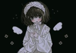 Rule 34 | 1girl, absurdres, alternate costume, black background, blush, brown eyes, brown hair, detached wings, dress, fang, flying sweatdrops, hair ornament, hairband, highres, iwakura lain, lolita hairband, long sleeves, looking at viewer, mini wings, serial experiments lain, short hair, simple background, skin fang, solo, tearing up, torichikushou, upper body, white dress, wings, x hair ornament