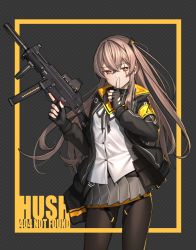 Rule 34 | 1girl, ahd, armband, black gloves, brown eyes, brown hair, covered mouth, finger to mouth, fingerless gloves, girls&#039; frontline, gloves, gun, h&amp;k ump, h&amp;k ump, hair between eyes, hair ornament, heckler &amp; koch, highres, holding, holding gun, holding weapon, hood, hood down, hooded jacket, index finger raised, jacket, long hair, looking at viewer, multiple girls, one side up, pantyhose, pleated skirt, pouch, scar, scar across eye, scar on face, shirt, shushing, sidelocks, signature, skirt, smile, solo, submachine gun, thigh strap, trigger discipline, ump45 (girls&#039; frontline), weapon, white shirt, yellow eyes