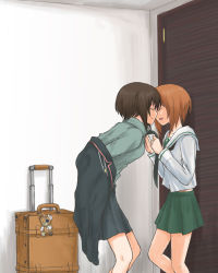 Rule 34 | 10s, 2girls, alternate costume, bandages, black jacket, black neckwear, black skirt, blouse, boko (girls und panzer), brown hair, closed eyes, closed mouth, commentary, doll, door, epaulettes, facing another, from side, girls und panzer, green skirt, grey shirt, imminent kiss, incest, indoors, jacket, leaning forward, long sleeves, luggage, military, military uniform, multiple girls, mutsu (layergreen), neckerchief, necktie, necktie grab, neckwear grab, off shoulder, ooarai school uniform, open mouth, pleated skirt, school uniform, serafuku, shirt, short hair, siblings, sisters, skirt, smile, standing, stuffed animal, stuffed toy, teddy bear, undressing, uniform, white shirt, yuri