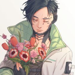 Rule 34 | 1boy, apex legends, black gloves, black hair, black shirt, bouquet, collarbone, crying, crypto (apex legends), floating hair, flower, gloves, green sleeves, highres, holding, holding bouquet, jacket, kogane mushi, male focus, partially fingerless gloves, pink flower, pink tulip, red flower, red tulip, science fiction, shirt, solo, tulip, undercut, upper body, white background, white jacket