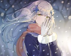 Rule 34 | 1girl, biting, blunt bangs, blush, breasts, coat, commentary, facial mark, floating hair, girls&#039; frontline, glove biting, gloves, green eyes, ha9na, hair ornament, half-closed eyes, hk416 (girls&#039; frontline), long hair, long sleeves, looking at viewer, motion blur, purple coat, scarf, silver hair, snowflakes, snowing, solo, white gloves, wind