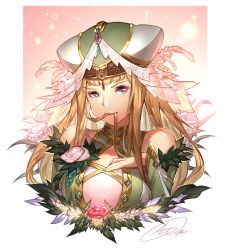 Rule 34 | 1girl, artist request, bare shoulders, blonde hair, blue eyes, blush, breasts, bridal veil, freya (valkyrie profile), hat, highres, large breasts, long hair, looking at viewer, portrait, shiny clothes, smile, solo, valkyrie anatomia, valkyrie profile (series), veil