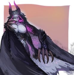 Rule 34 | 1girl, absurdres, annoyed, arm under breasts, black hair, black horns, black scales, black skin, border, breasts, chinese commentary, clawed hands, cleavage, closed eyes, colored skin, commentary request, completely nude, covering privates, dragon girl, elbow spikes, extra arms, glowing skin, gore magala, grey skin, hand on own cheek, hand on own face, highres, horns, huge breasts, light particles, long hair, miao jiangyou, monster girl, monster hunter (series), multicolored hair, multicolored horns, no nipples, nude, personification, pink background, purple hair, purple horns, purple skin, simple background, solo, two-tone hair, two-tone horns, white border