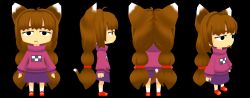 Rule 34 | 1girl, 3d, animal ears, black background, braid, brown hair, cat ears, chibi, female focus, frown, full body, madotsuki, multiple views, non-web source, simple background, skirt, standing, sweater, twintails, yume nikki