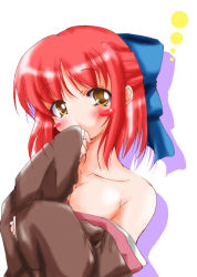 Rule 34 | 00s, 1girl, blue bow, blush, bow, breasts, brown eyes, brown shirt, cleavage, collarbone, hair bow, half updo, kohaku (tsukihime), red hair, shirt, short hair, solo, tsukihime, undressing, white background