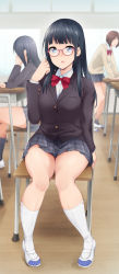 Rule 34 | 3girls, absurdres, black hair, blue eyes, blunt bangs, blurry, blurry background, blush, bow, bowtie, breasts, brown hair, chair, classroom, desk, faceless, faceless female, feet, female focus, glasses, hand up, highres, indoors, kaiga, kneehighs, knees together feet apart, legs, light blush, long hair, long image, looking at viewer, medium breasts, multiple girls, nose blush, open mouth, original, pink-framed eyewear, red bow, school uniform, shoes, short hair, sitting, skirt, sneakers, socks, standing, thighs, wooden floor