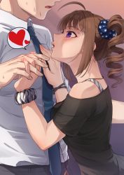 Rule 34 | 1boy, 1girl, ahoge, black shirt, blue neckwear, blue scrunchie, blush, bracelet, breast press, brown hair, collared shirt, commentary, dress shirt, drill hair, hair ornament, hair scrunchie, hand on another&#039;s chest, heart, height difference, holding hands, idolmaster, idolmaster million live!, idolmaster million live! theater days, jewelry, kamille (vcx68), looking at another, looking up, necktie, nervous, off-shoulder shirt, off shoulder, open mouth, out of frame, print scrunchie, producer (idolmaster), purple eyes, scrunchie, shirt, short sleeves, side drill, speech bubble, spoken heart, star (symbol), star print, sweatdrop, upper body, wrist scrunchie, yokoyama nao