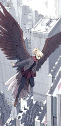 Rule 34 | 1girl, angel, bird tail, bird wings, blonde hair, building, cindy o&#039;brien, cityscape, flying, jacket, long image, new york city, original, pantyhose, real world location, seo tatsuya, short hair, short ponytail, skirt, skyscraper, solo, steam, tail, tall image, wings