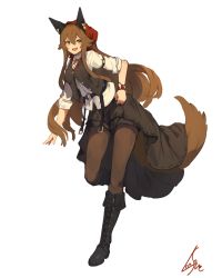 Rule 34 | 1girl, :d, animal ears, boots, brown hair, cross-laced footwear, fang, full body, hair between eyes, highres, lace-up boots, lansane, long hair, looking at viewer, open mouth, orange eyes, original, pantyhose, short sleeves, signature, smile, solo, tail, tsana (lansane), very long hair, vest, white background