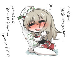 Rule 34 | 10s, 1girl, = =, alcohol, ascot, blonde hair, blouse, blush, bottle, chibi, commentary request, corset, drooling, drunk, frilled skirt, frilled sleeves, frills, goma (gomasamune), hair between eyes, holding, holding bottle, juliet sleeves, kantai collection, long hair, long sleeves, mouth drool, hugging object, open mouth, pola (kancolle), puffy sleeves, rectified spirit, shirt, sitting, skirt, solo, thighhighs, translation request, wariza