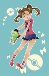 Rule 34 | 10s, 1girl, ass, blue background, blush, bow, breasts, brown hair, chespin, closed eyes, creatures (company), dark skin, game freak, gen 6 pokemon, green eyes, highres, long hair, niko (107), nintendo, open mouth, poke ball, poke ball print, pokemon, pokemon (creature), pokemon xy, quad tails, shauna (pokemon), short shorts, shorts, simple background, twintails