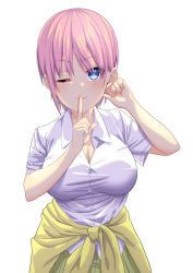Rule 34 | 1girl, ;), absurdres, blue eyes, blush, breasts, cardigan, cardigan around waist, cleavage, closed mouth, clothes around waist, collared shirt, commentary request, fingernails, go-toubun no hanayome, green skirt, hair between eyes, hands up, highres, index finger raised, large breasts, long fingernails, looking at viewer, nakano ichika, one eye closed, pink hair, pleated skirt, school uniform, shirt, short hair, short sleeves, sidelocks, simple background, skirt, slope (check238), smile, solo, standing, taut clothes, taut shirt, white background, white shirt, yellow cardigan
