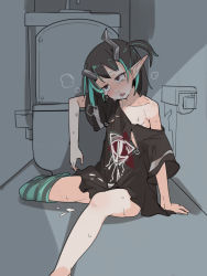 Rule 34 | 1girl, black dress, black hair, blue hair, blue thighhighs, blush, commentary request, cum, cum on clothes, demon girl, demon horns, dress, eye of providence, facial, fang, female focus, flat chest, full body, grey thighhighs, highres, horns, medium hair, monochrome background, multicolored hair, nanashi inc., off shoulder, official alternate costume, one side up, open mouth, red eyes, shishio chris, shishio chris (3rd costume), short dress, single thighhigh, solo, striped clothes, striped thighhighs, sugar lyric, tearing up, thighhighs, toilet, toilet paper, tomatojam, two-tone hair, virtual youtuber