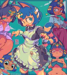 Rule 34 | 1girl, alternate costume, animal crossing, animal ears, ankh, ankha (animal crossing), black hair, blue background, blue eyes, blue fur, bob cut, body fur, breasts, cat tail, cleavage, collared shirt, dress, egyptian, egyptian clothes, enmaided, fang, frown, furry, furry female, japanese clothes, kimono, maid, multiple views, navel, nintendo, nude, open mouth, paw pose, scarab, shirt, short hair, starmilk, striped tail, tail, unbuttoned, wide sleeves, wrist cuffs, yellow fur