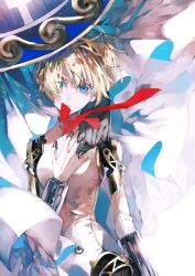 Rule 34 | (persona), 1girl, absurdres, aegis (persona), armor, armored dress, armored shoes, blonde hair, blue eyes, cape, character request, expressionless, eyelashes, floating hair, gloves, hair between eyes, hand on another&#039;s shoulder, hand on own chest, highres, long sleeves, looking at viewer, necktie, out of frame, pale skin, parted lips, persona, persona 3, red necktie, short hair, sidelocks, solo focus, standing, syokuuuuuuuuumura, white background, white cape, white gloves