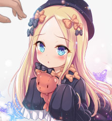 Rule 34 | 1girl, :o, abigail williams (fate), black bow, black dress, black hat, blonde hair, blue eyes, blush, bow, bug, butterfly, dress, fate/grand order, fate (series), forehead, hair bow, hat, highres, holding, holding stuffed toy, insect, long hair, long sleeves, looking at viewer, milkshakework, orange bow, parted bangs, polka dot, polka dot bow, sleeves past wrists, solo focus, stuffed animal, stuffed toy, teddy bear, very long hair