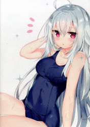 Rule 34 | 1girl, ahoge, arm support, arm up, bare arms, bare shoulders, blue one-piece swimsuit, blush, breasts, cleavage, covered navel, dutch angle, hair between eyes, hand up, highres, kamioka shun&#039;ya, long hair, looking at viewer, medium breasts, old school swimsuit, one-piece swimsuit, original, parted lips, pink eyes, purple eyes, school swimsuit, shiny skin, shiori (kamioka shun&#039;ya), silver hair, simple background, sitting, solo, sparkle, swimsuit, water, water drop, wet, white background