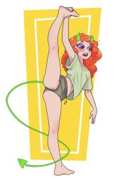 Rule 34 | accidental exposure, anus, anus peek, armpits, cleft of venus, demon girl, freckles, highres, navel, open mouth, pink eyes, pussy, red hair, shorts, spread legs, tail, the pink pirate