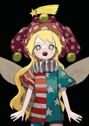 Rule 34 | 1girl, absurdres, american flag pants, american flag shirt, black background, blonde hair, clownpiece, commentary request, fairy wings, grey eyes, hat, highres, jester cap, light, long hair, looking up, neck ruff, neruzou, open mouth, pants, pantyhose, polka dot, purple hat, shirt, short sleeves, simple background, solo, standing, star (sky), star (symbol), star in eye, star print, striped clothes, striped pants, striped shirt, symbol in eye, teeth, touhou, wings