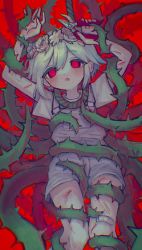 Rule 34 | 1boy, bandaid, bandaid on leg, basil (headspace) (omori), basil (omori), blonde hair, blood, flower, glowing, glowing eyes, head wreath, looking at viewer, omori, overall shorts, overalls, parted lips, plant, red eyes, scratches, shears, shirt, short hair, short sleeves, solo, thorns, vines, zrk zzzz