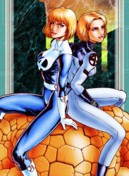 Rule 34 | 1boy, 2girls, artist request, ben grimm, blonde hair, blue eyes, bodysuit, breasts, dual persona, fantastic four, gloves, large breasts, lips, looking at viewer, marvel, multiple girls, shiny clothes, short hair, simple background, sitting, sitting on person, skin tight, sue storm, susan storm