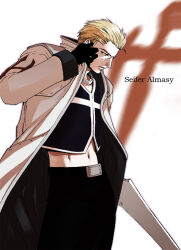 Rule 34 | 1boy, adjusting clothes, belt, black belt, black gloves, black pants, black shirt, blonde hair, chain necklace, character name, coat, commentary, crop top, cross, expressionless, facing to the side, final fantasy, final fantasy viii, gacharunta, gloves, green eyes, gunblade, hair slicked back, holding, holding sword, holding weapon, jewelry, long coat, male focus, midriff peek, navel, necklace, pants, scar, scar on face, seifer almasy, shirt, short hair, simple background, solo, standing, sword, weapon, white background, white coat