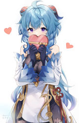 Rule 34 | 1girl, absurdres, ahoge, artist name, bare shoulders, bell, black pantyhose, blue gloves, blue hair, blush, breasts, candy, chinese knot, chocolate, chocolate heart, covering own mouth, detached sleeves, flower knot, food, ganyu (genshin impact), genshin impact, gloves, gold trim, guzangnanfeng, heart, highres, horns, leotard, long hair, looking at viewer, medium breasts, neck bell, pantyhose, purple eyes, sidelocks, solo, standing, taut clothes, taut leotard, thighlet, vision (genshin impact), white background, white sleeves