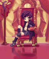 Rule 34 | 1boy, blush, boots, full body, highres, jewelry, kurotsuki (luowei99), looking at viewer, male focus, navel, necklace, original, pointy ears, purple hair, red eyes, shorts, sitting, sketch, solo, vampire