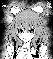 Rule 34 | 1girl, blush, breasts, cleavage, closed mouth, commentary request, dated, greyscale, hair ornament, hair rings, hair stick, index finger raised, kaku seiga, kaya rio, long hair, looking at viewer, medium breasts, monochrome, one-hour drawing challenge, smile, solo, touhou