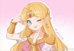 Rule 34 | 1girl, ;p, armor, blonde hair, blue eyes, breasts, chinese commentary, circlet, commentary request, earrings, index finger raised, jewelry, long hair, medium breasts, nintendo, one eye closed, parted bangs, pink background, pointy ears, princess zelda, shoulder armor, signature, solo, the legend of zelda, the legend of zelda: a link between worlds, tongue, tongue out, triforce earrings, upper body, vambraces, weibo logo, weibo watermark, yun (dl2n5c7kbh8ihcx)