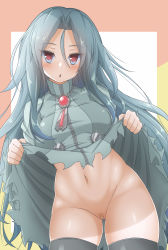 Rule 34 | 100 percent orange juice, 1girl, artist request, bandaid, bandaid on pussy, blush, clothes lift, dress, dress lift, highres, lifted by self, long hair, looking at viewer, no panties, open mouth, red eyes, silver hair, solo, star breaker (orange juice), suguri, thighhighs