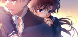 Rule 34 | 1boy, 1girl, blue eyes, blurry, blush, brown hair, commentary request, couple, depth of field, floating hair, hand on another&#039;s shoulder, hetero, hug, hug from behind, kuroba kaito, light particles, light smile, long hair, magic kaito, nakamori aoko, open mouth, paf, relief, school uniform, short hair