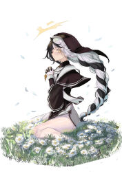 Rule 34 | 1girl, black capelet, black hair, borrowed character, braid, braided ponytail, capelet, coif, commission, doll joints, dress, facial mark, falling petals, flower, full body, grass, habit, halo, highres, interlocked fingers, jewelry, joints, looking at viewer, maria (syake-uni), multicolored hair, necklace, nun, on grass, original, own hands together, petals, side slit, sitting, skeb commission, solo, stole, two-tone dress, two-tone hair, veil, violet (ac8231), wariza, white flower, white hair, yellow eyes, yellow halo