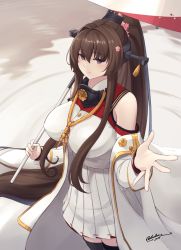 Rule 34 | 1girl, bare shoulders, breasts, brown eyes, brown hair, closed mouth, coat, collar, detached sleeves, dress, flower, hair flower, hair intakes, hair ornament, headgear, highres, huge breasts, kantai collection, long hair, looking at viewer, metal collar, odachu, oil-paper umbrella, ponytail, sidelocks, sleeveless, sleeveless coat, smile, solo, thighhighs, umbrella, very long hair, white dress, wide sleeves, yamato (kancolle), yamato kai ni (kancolle)