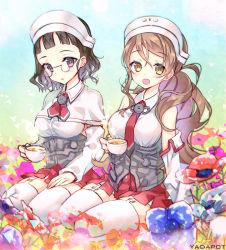 Rule 34 | 10s, 2girls, artist name, ascot, bare shoulders, blunt bangs, breasts, brown eyes, brown hair, capelet, cup, detached sleeves, field, flower, flower field, garter straps, glasses, headdress, kantai collection, large breasts, light brown hair, littorio (kancolle), looking at viewer, miniskirt, multiple girls, necktie, pleated skirt, ponytail, red skirt, roma (kancolle), round eyewear, seiza, short hair, sitting, skirt, teacup, thighhighs, wavy hair, white legwear, yadapot, zettai ryouiki