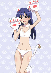 Rule 34 | 1girl, animal ears, bad id, bad pixiv id, bell, blue hair, bra, breasts, brown hair, cat ears, cat tail, cleavage, collar, collarbone, dars (recolors), groin, idolmaster, idolmaster (classic), kisaragi chihaya, long hair, open mouth, panties, small breasts, solo, tail, underwear, white bra, white panties