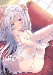 Rule 34 | 1girl, ass, babydoll, bare shoulders, blurry, blurry background, blush, breasts, cleavage, closed mouth, collarbone, commentary request, couch, depth of field, dutch angle, feet out of frame, frills, garter straps, gloves, grey hair, hugging own legs, legs up, long hair, looking at viewer, lying, on back, on couch, original, panties, pillow, red eyes, shibainu niki, small breasts, solo, thighhighs, two side up, underwear, underwear only, very long hair, white gloves, white panties, white thighhighs, window